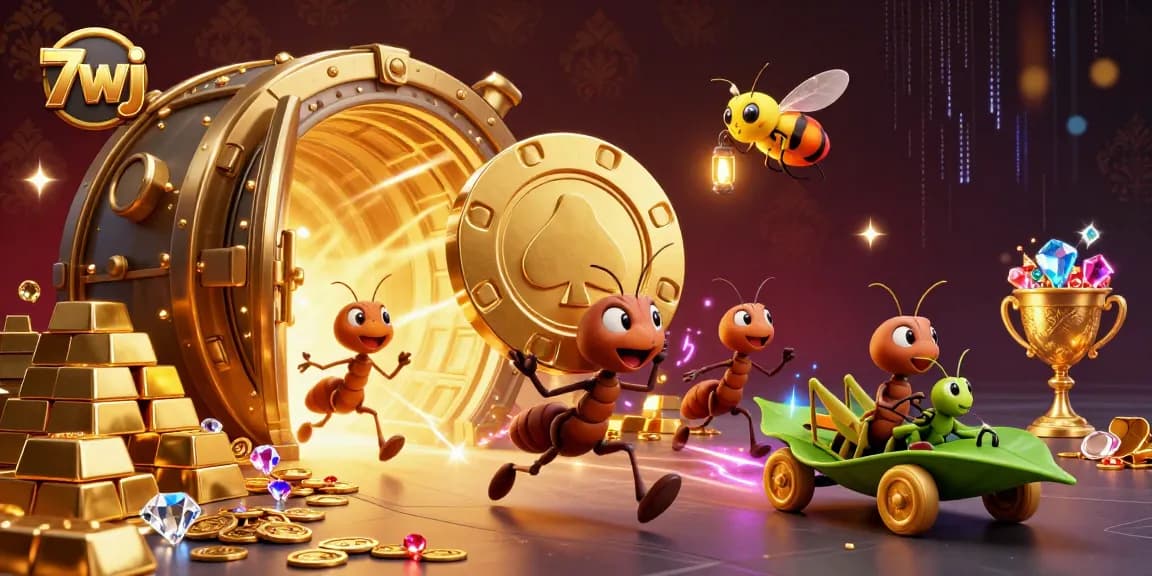 Engage with the thrilling heist scene of 7wj where cartoon ants carry a giant poker chip amid treasures.