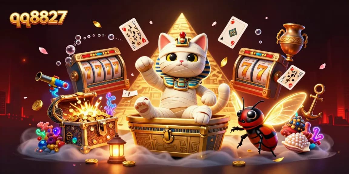 Experience the vibrant world of qq8827 as an Egyptian mummy cat emerges amidst colorful slot machines.