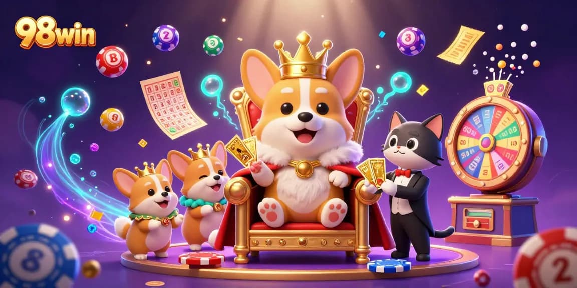 98win showcases a vibrant casino scene featuring a royal corgi on poker chips amidst dynamic lottery elements.