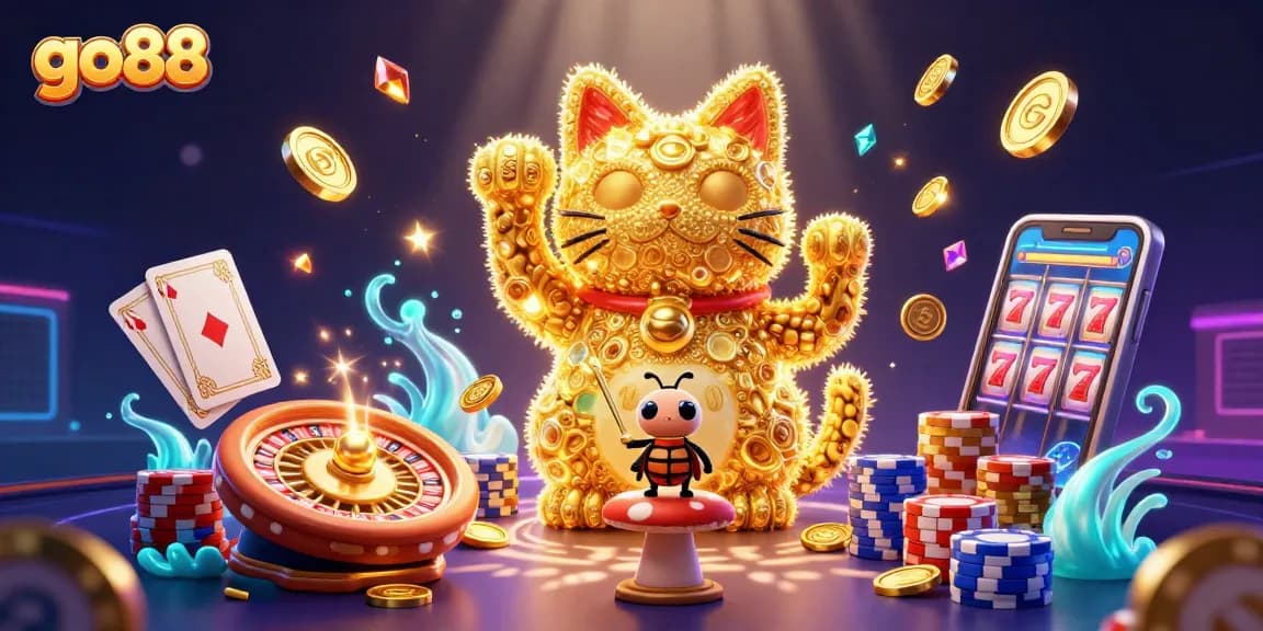 Tham gia chơi game tại Go88 với hình ảnh chú mèo thần tài và các biểu tượng casino lấp lánh.