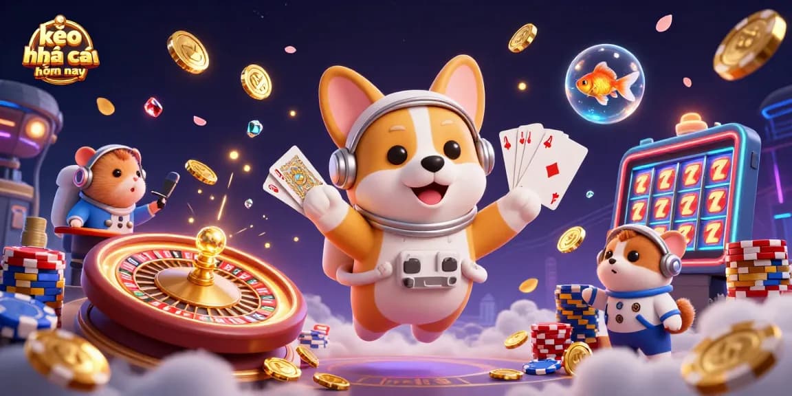 Engage with kèo nhà cái hôm nay through this vibrant cosmic casino adventure featuring colorfully stacked poker chips, drifting coins, and lively characters.