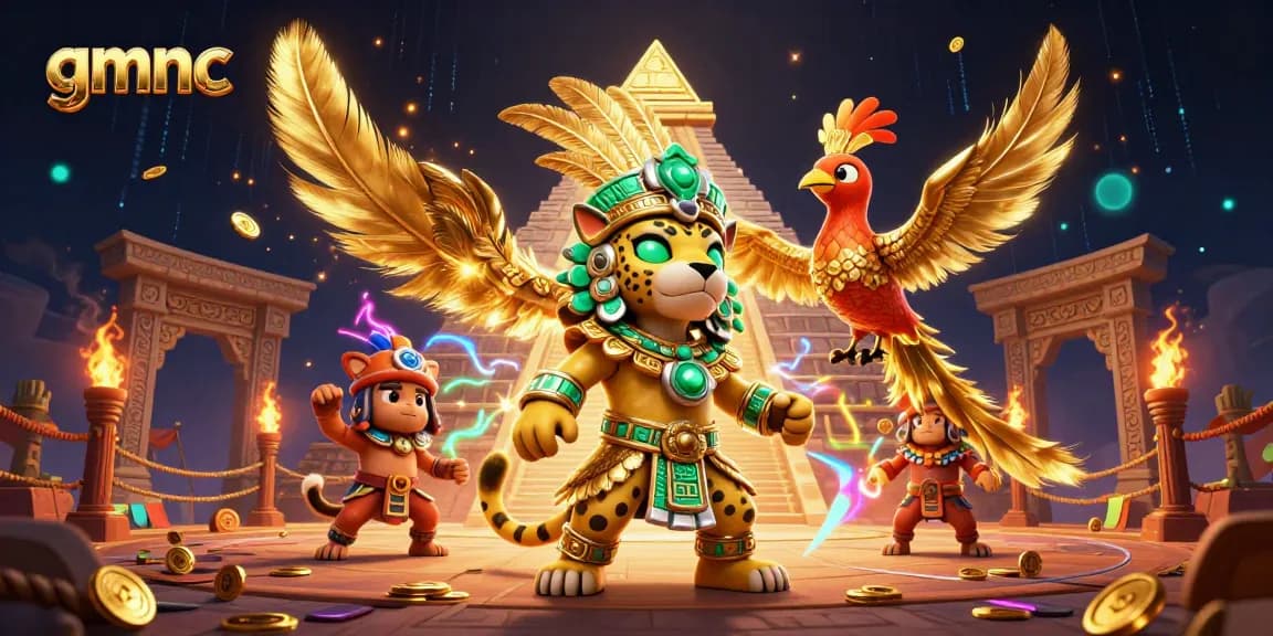 Experience vibrant gmnc gaming with a Mayan priest and quetzal bird in a dynamic casino scene.