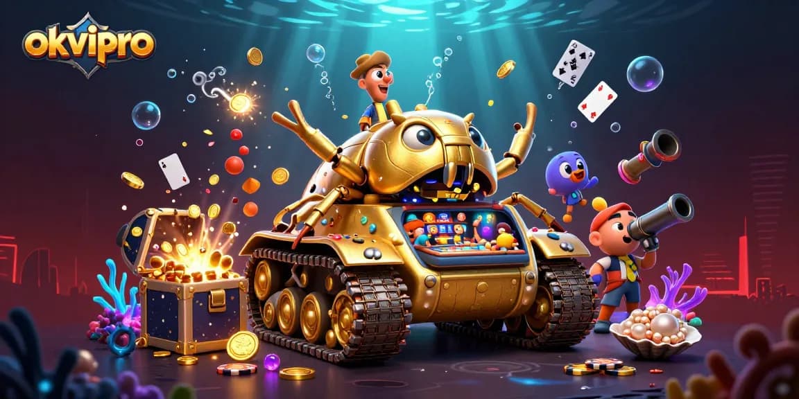 Engage with okvipro's vibrant casino universe featuring a golden beetle tank and treasures.