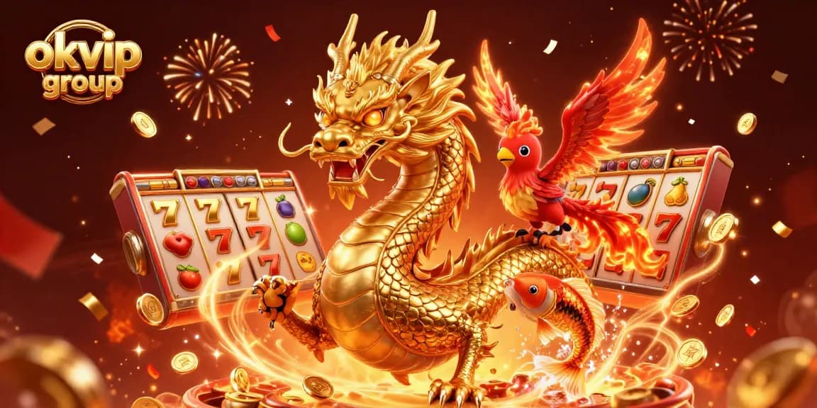 Join the excitement of the okvip group as a fierce dragon, phoenix, and koi fish celebrate a jackpot amidst vibrant casino elements.