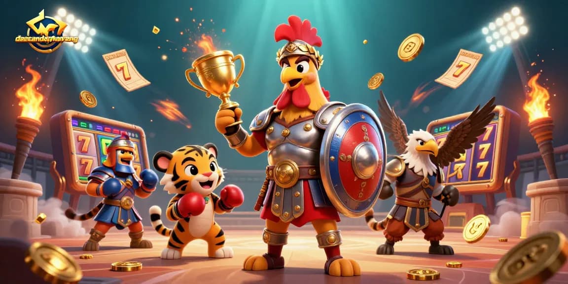 Engage in thrilling slots at dacsandatphanrang with immersive 3D casino illustrations featuring games and trophies.