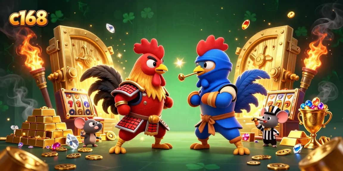 Engage in thrilling c168 battles with cartoon roosters amidst dazzling casino treasures.