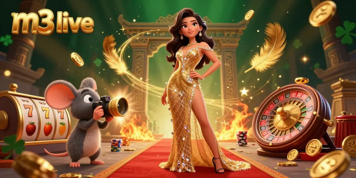 Join the excitement at m3 live casino with a glamorous woman and dynamic gaming elements.