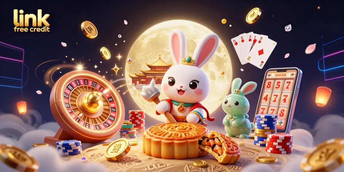 Engage with link free credit while exploring a vibrant 3D cartoon scene filled with gold coins, poker chips, and lucky charms in a casino theme.