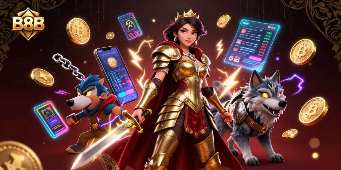 Experience thrilling wins with B8B in the vibrant digital casino world, featuring gleaming coins and vivid characters.
