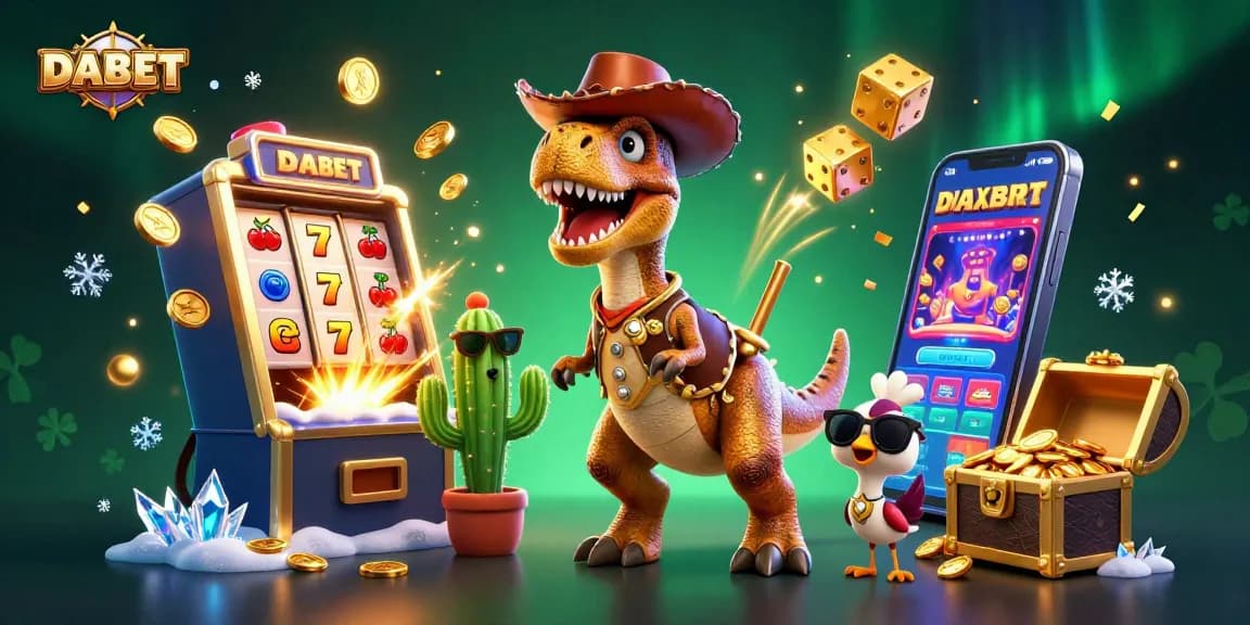 Spin and win with DABET's dynamic slot adventure featuring a T-Rex cowboy and gaming action.