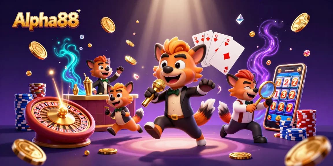 Win big at Alpha88 with a vibrant casino scene featuring lively hyenas and immersive game elements.