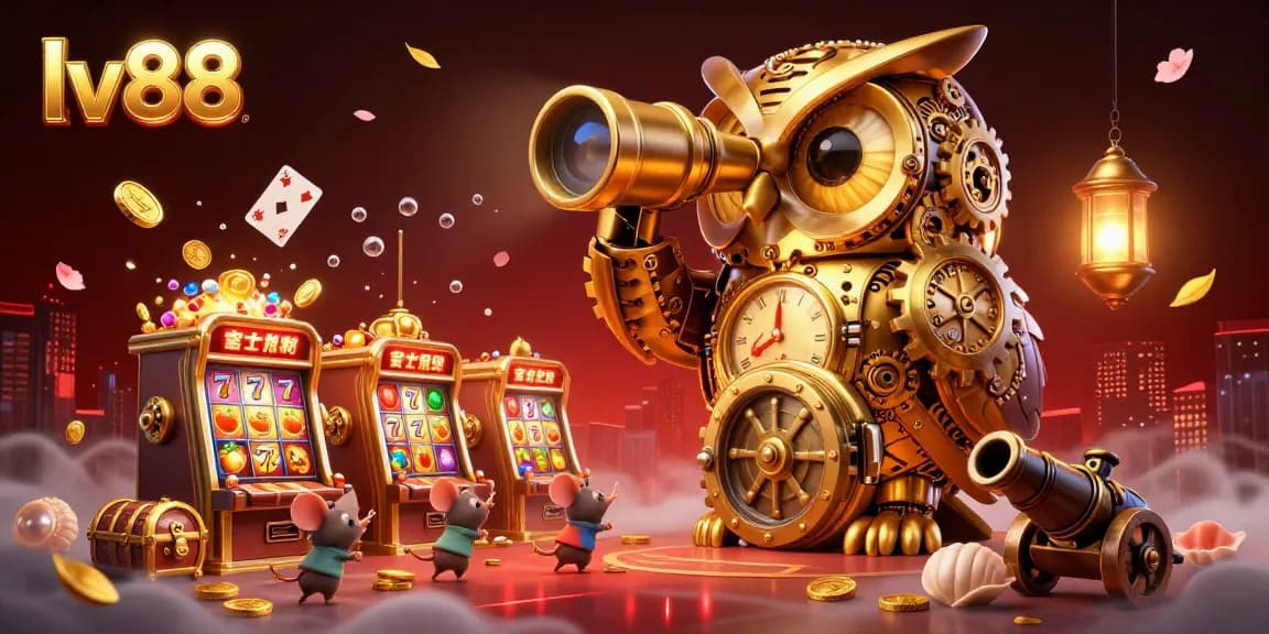 Experience the excitement at lv88 with vibrant slot machines and a whimsical golden owl guarding treasures.