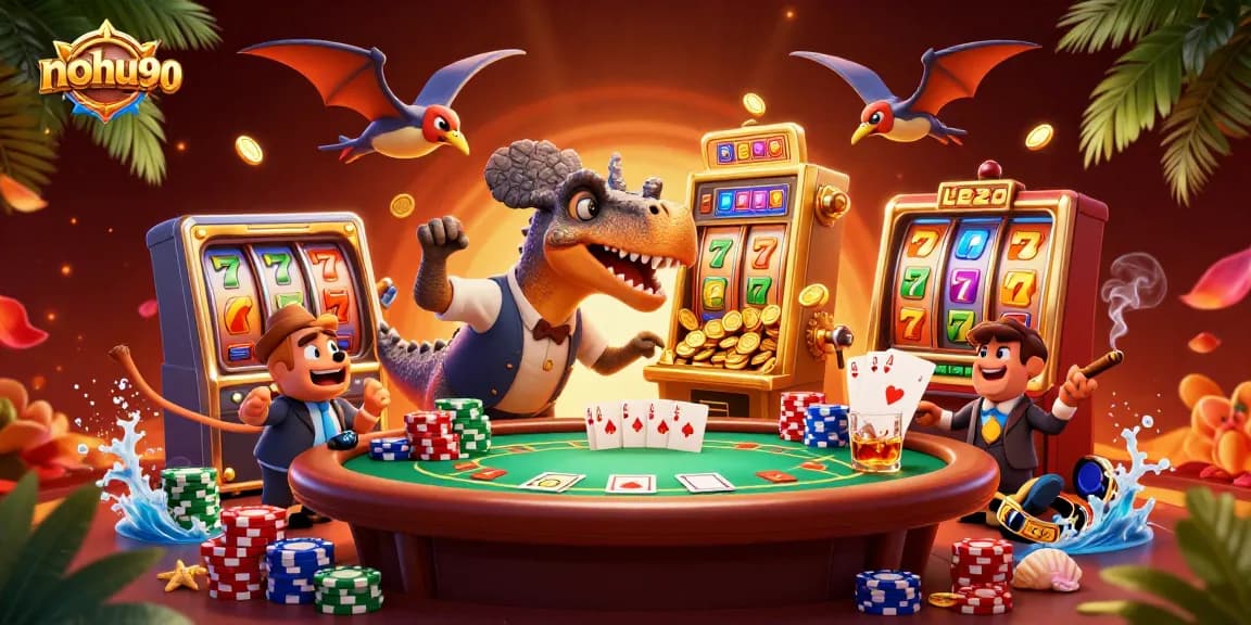 Nohu90 showcases a cartoon dinosaur winning jackpot coins from a slot machine in a vibrant casino scene.