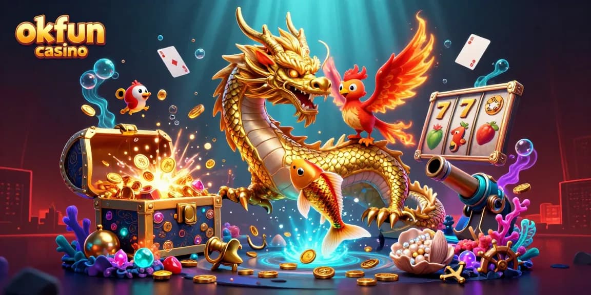 Engage with exciting games at okfun casino, featuring mythical creatures and slot reels in a vibrant scene.