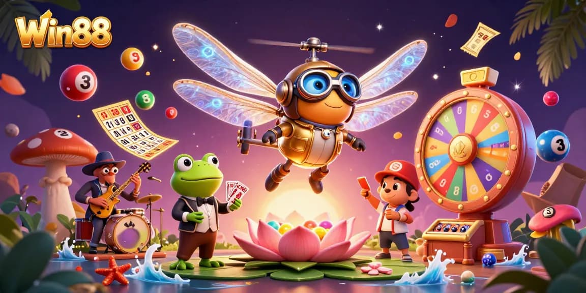 Win88 showcases a vibrant casino scene with a dragonfly pilot and frog croupier during a thrilling gaming moment.