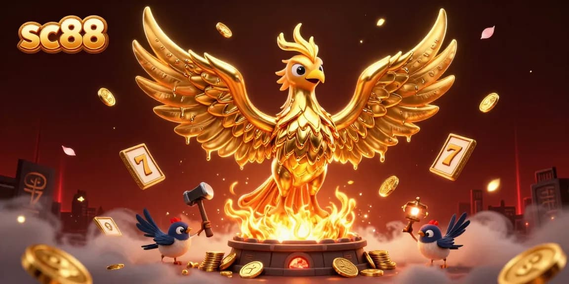 Experience the excitement of sc88 with a vibrant casino scene featuring a golden phoenix amidst floating slot reels and gold coins.