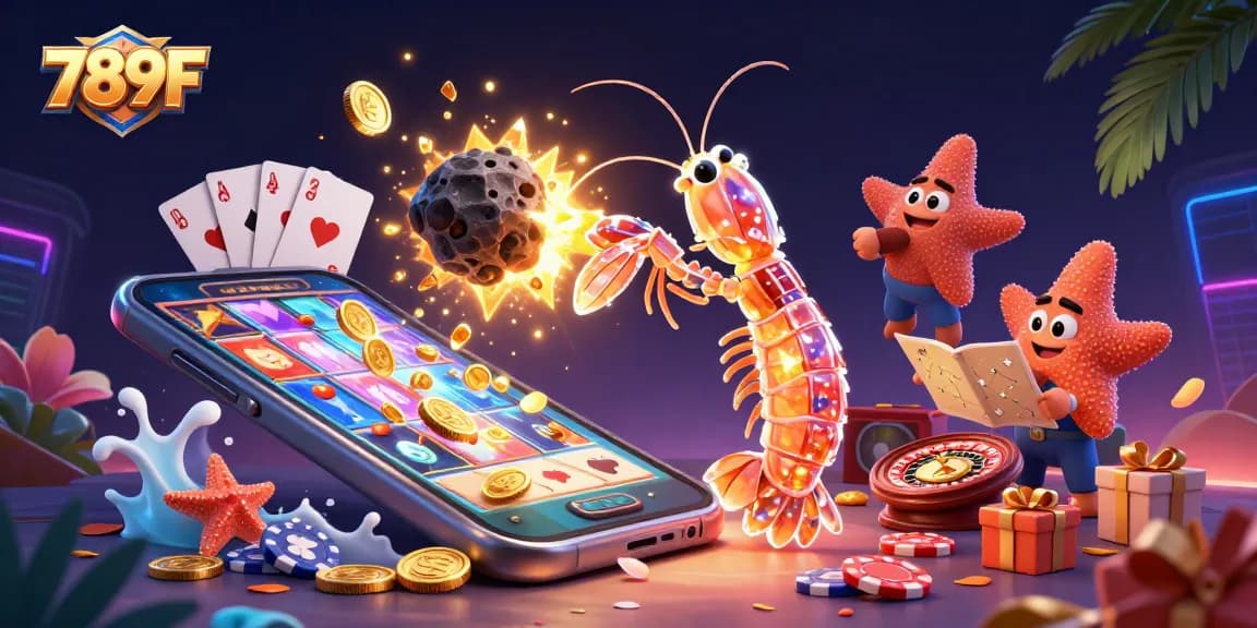 Action-packed scene depicting 789F's gaming excitement with characters amidst slot games and gold coins.