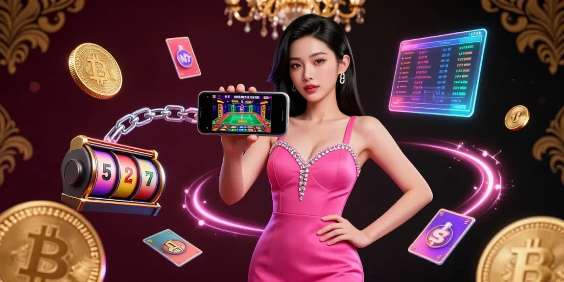 BINTANG5TOTO showcases an Asian woman confidently playing a live dealer game in a vibrant 3D casino scene.