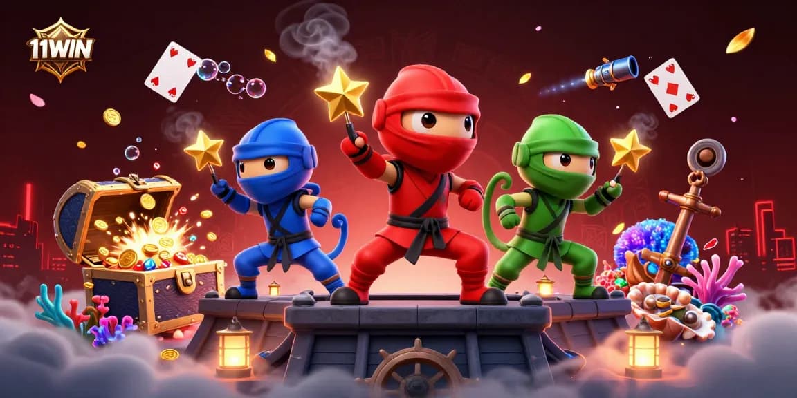 Engage with 11WIN's vibrant 3D illustration, showcasing chameleon ninjas amidst colorful casino elements.