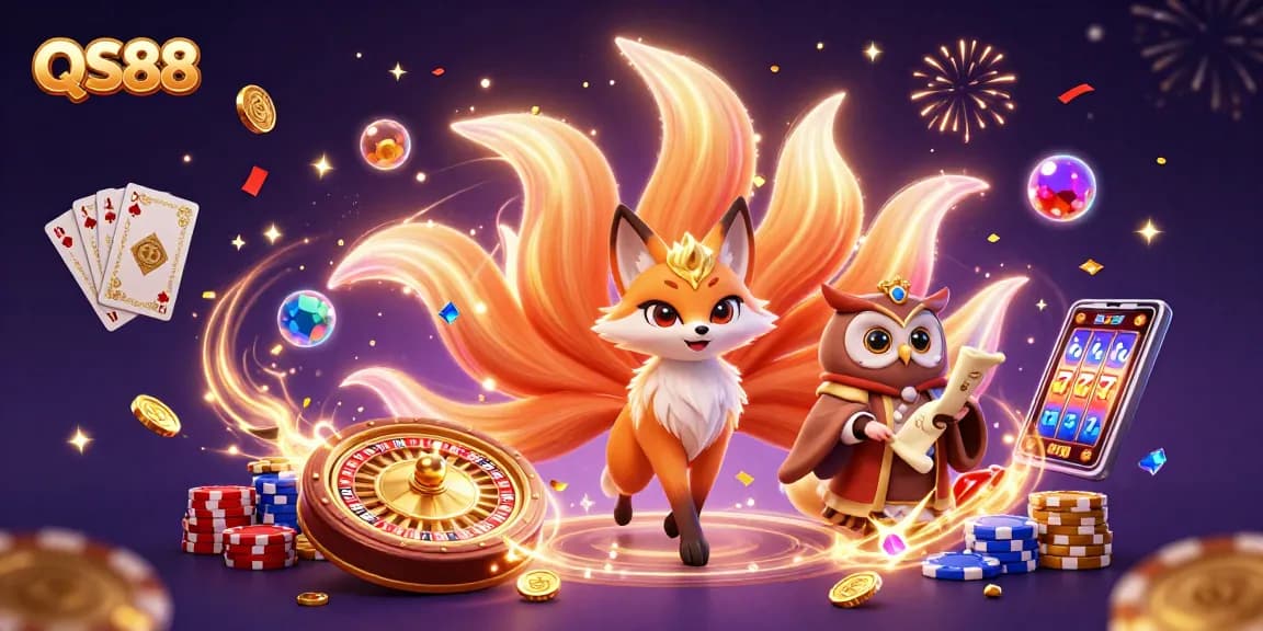 Experience the vibrant world of QS88 with a dynamic 3D casino scene filled with colorful characters and exciting game elements.