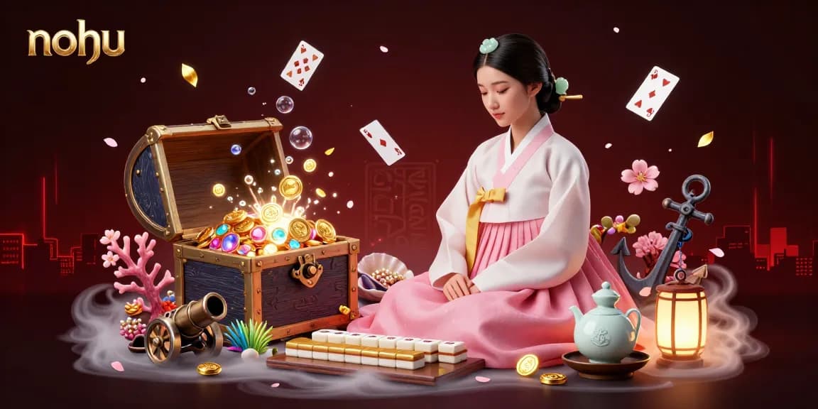 Nohu provides an immersive gaming experience with treasure chests and glowing cards, blending serenity and excitement.