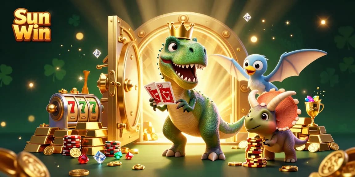 Experience the thrill of Sun Win with a vibrant 3D casino scene featuring friendly dinosaurs and rich game elements.