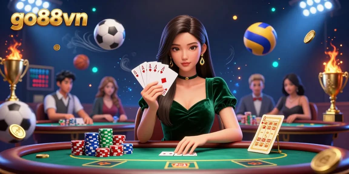 Experience thrilling gameplay at go88vn with an Asian woman at a poker table, surrounded by vibrant casino elements.