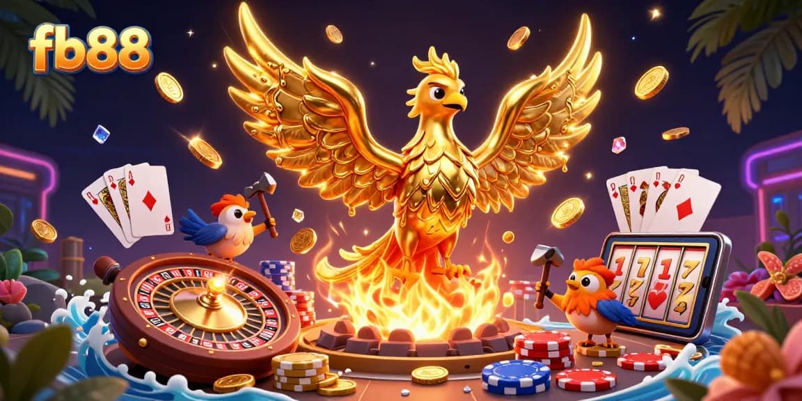 Dynamic fb88 casino scene with a golden phoenix and casino elements showcasing winnings and excitement.