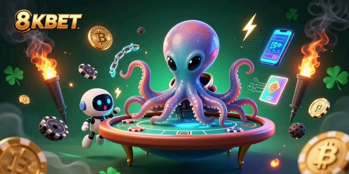 Play at 8KBET with a vibrant 3D scene featuring a cosmic octopus and a robot at a poker table.
