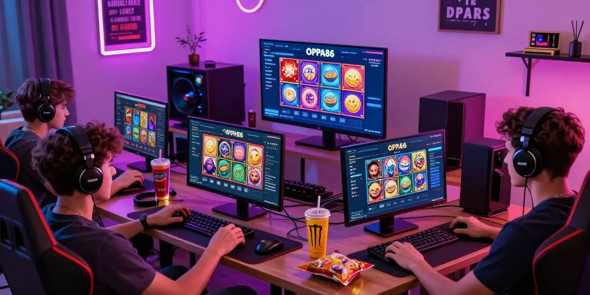 Exciting online gaming setup with OPPA86 link featuring colorful slot games and enthusiastic players.