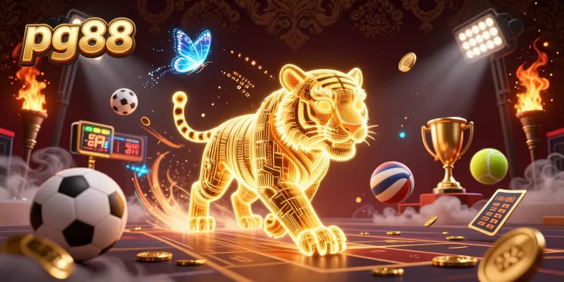 pg88 showcases an energetic digital casino scene with a golden tiger and sports elements.