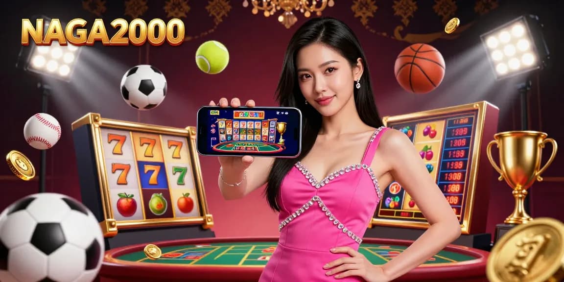 NAGA2000 menampilkan pemandangan kasino 3D yang cerah dengan wanita percaya diri yang memegang smartphone, elemen permainan, dan motif olahraga yang energik.
