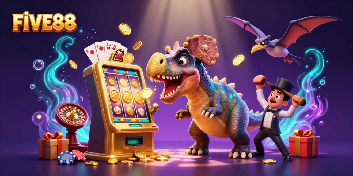 FIVE88 casino scene with a pachycephalosaurus hitting a slot machine, cashing in coins.