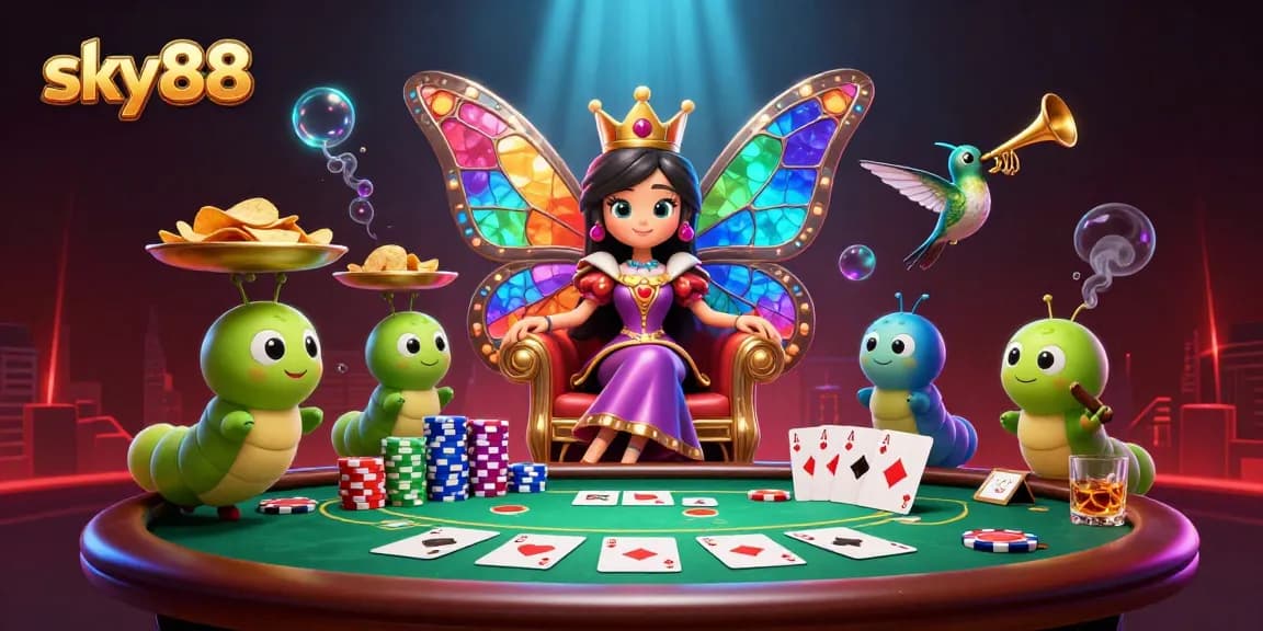 Experience sky88 with a vibrant 3D illustration of a butterfly queen in a lively casino setting.