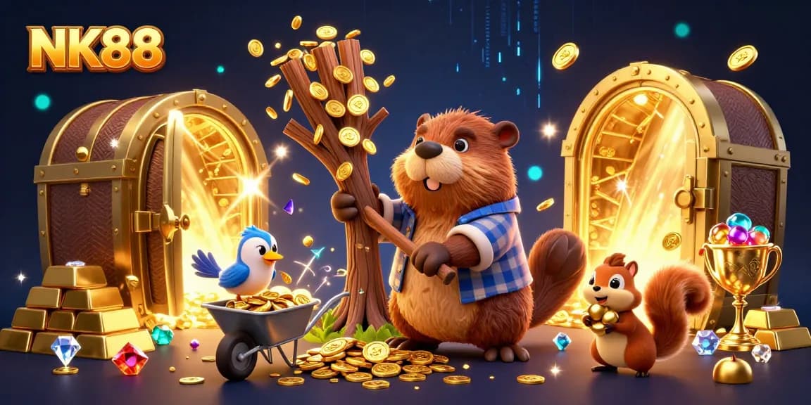 Experience big wins with NK88 while enjoying vibrant casino gaming action and animated characters collecting treasures.