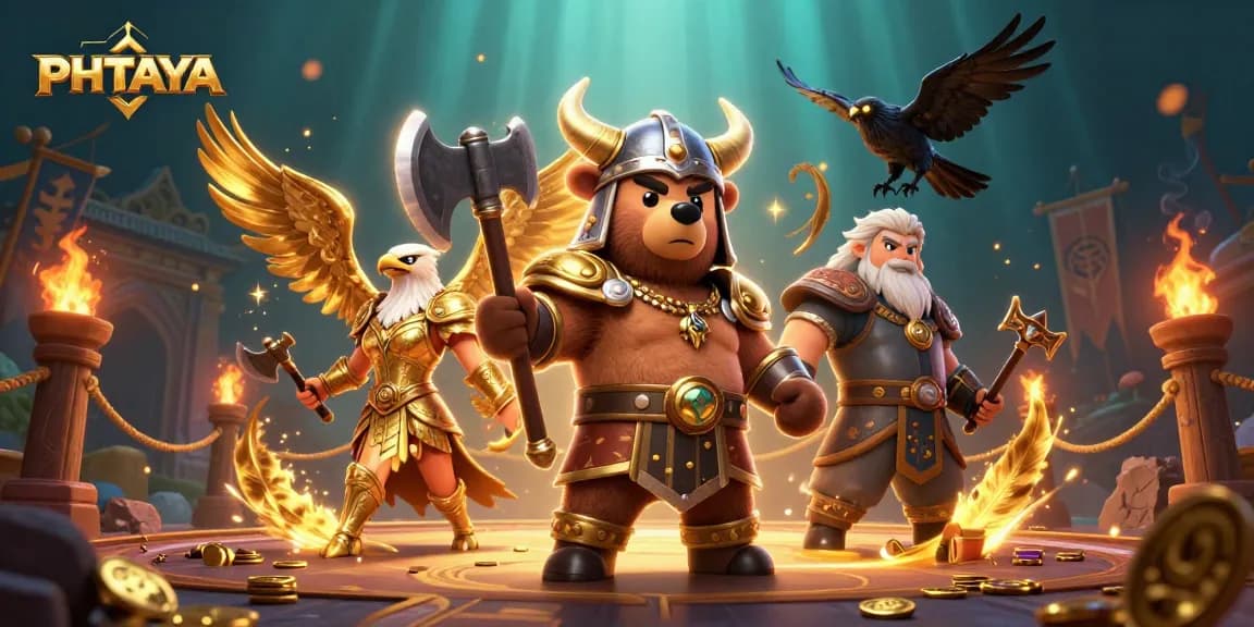 PHTAYA enhances gameplay with vibrant Viking-themed 3D illustration featuring dynamic gambling elements.
