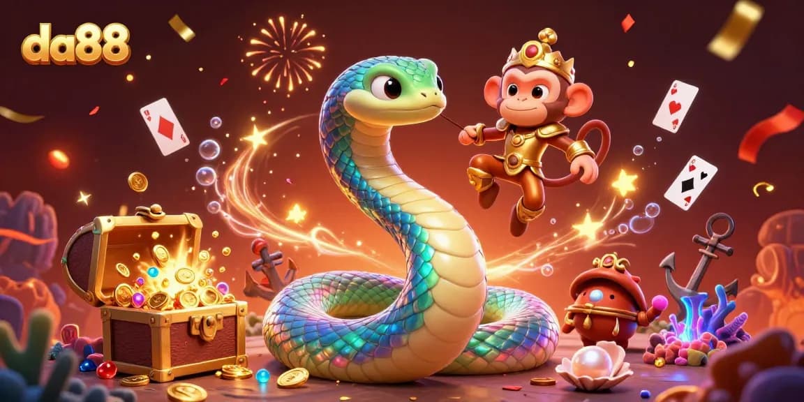 Engage with da88 as the vibrant serpent and monkey king celebrate wins amidst treasures and gaming elements.