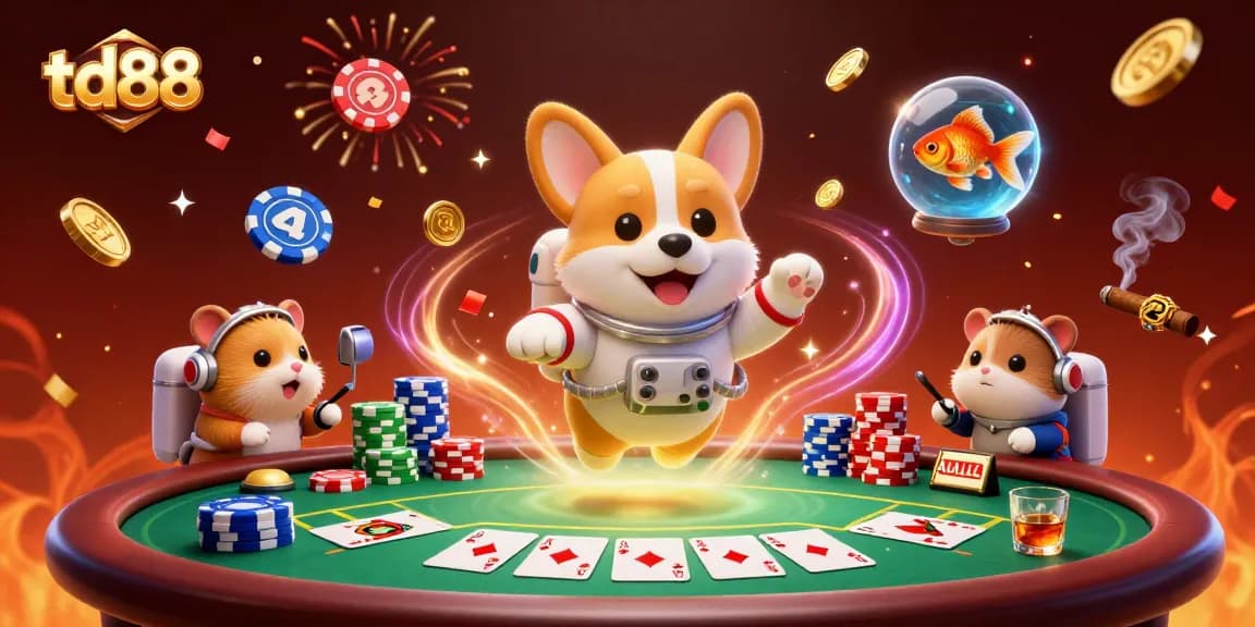 Experience thrilling gameplay at td88 with a lively scene of a 3D astronaut corgi enjoying a space casino.