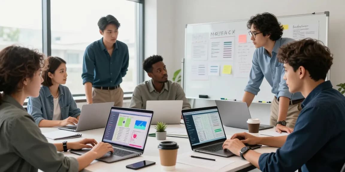 Tim profesional berdiskusi strategi GEGESLOT di ruang kerja modern, dengan laptop menampilkan dashboard analitik.
