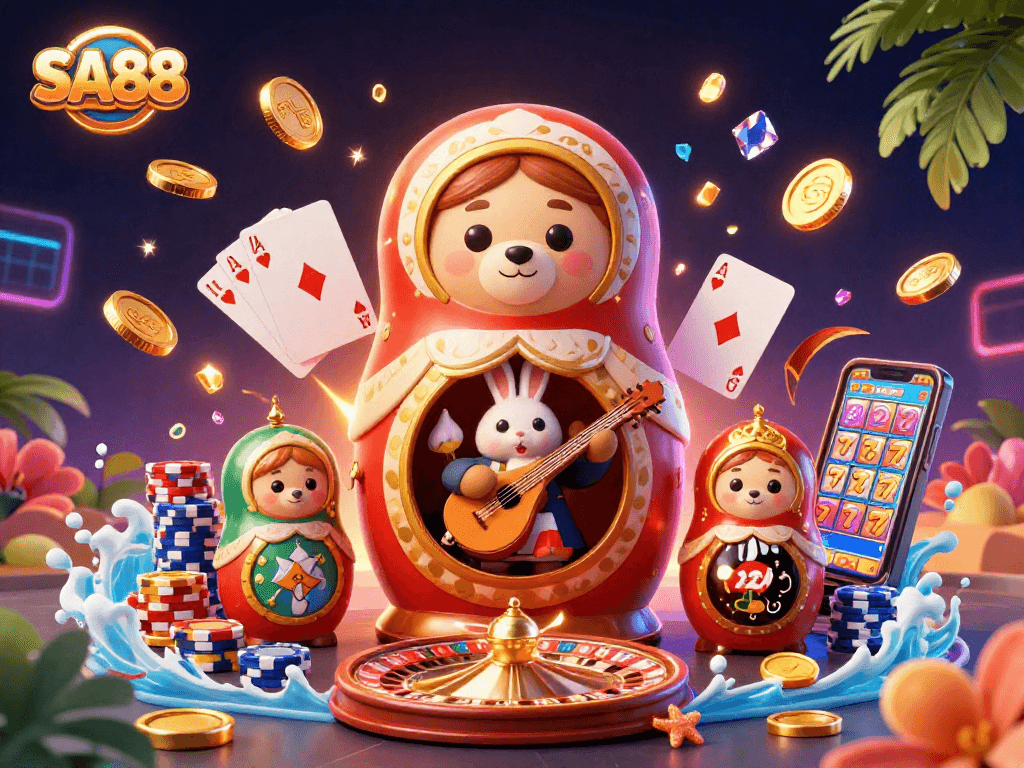 Spin and win at SA88 with vibrant, dynamic casino-themed illustration featuring a Matryoshka bear and more.