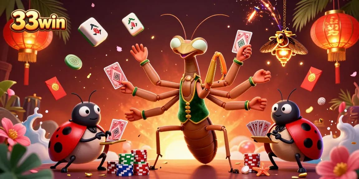 Engaging scene of 33win's 3D cartoon gambling characters enjoying festive casino vibes with vivid decorations.