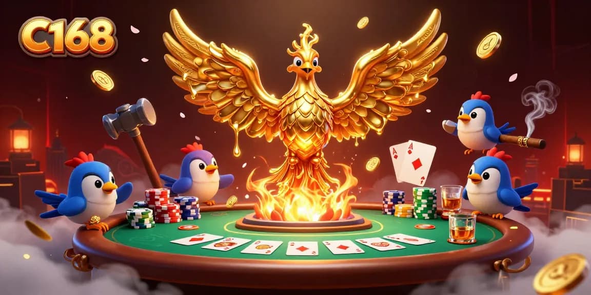 Experience the excitement of C168 with a golden phoenix and poker elements in this dynamic illustration.