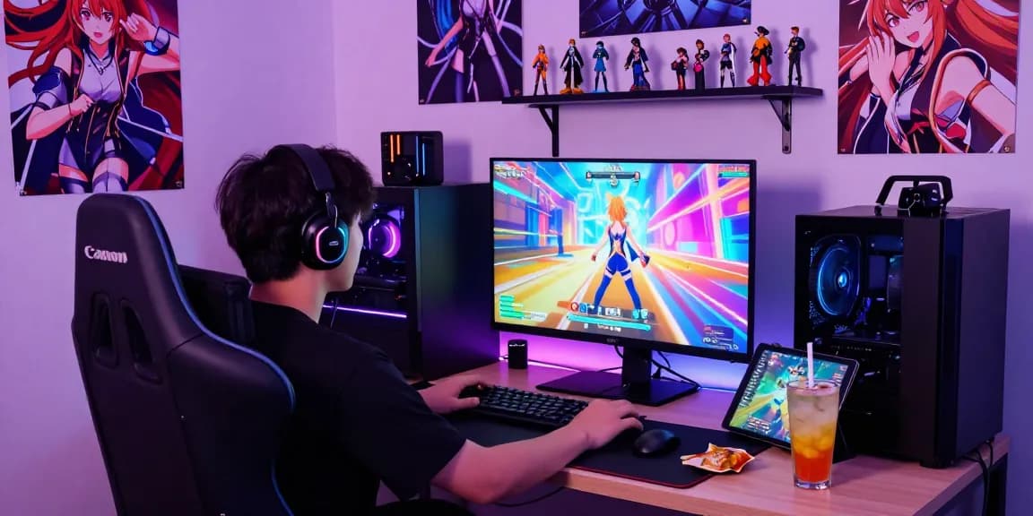 Immersive gaming setup featuring a vibrant hentai game display with anime art, snacks, and collectibles.