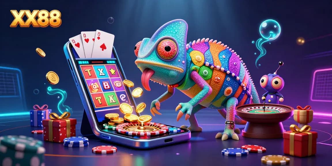 Engage with XX88's vibrant casino atmosphere featuring a colorful chameleon owner and exciting game elements.