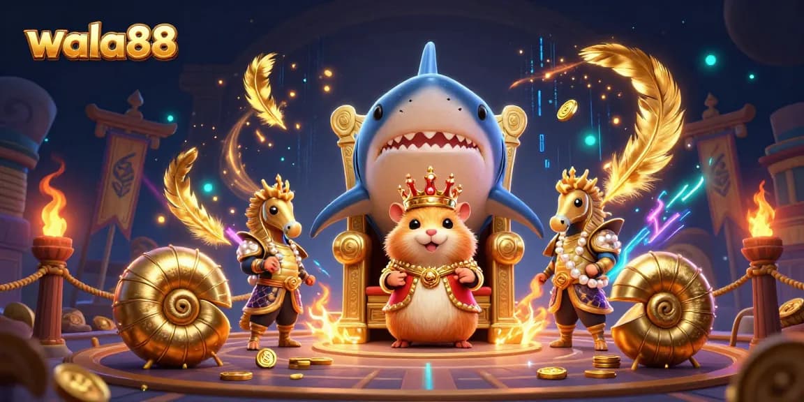 Wala88 showcases thrilling live cockfighting action with a dynamic animated scene of a hamster king on a megalodon throne.
