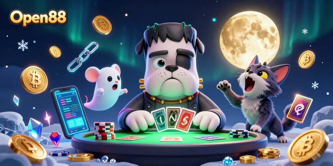 Open88 players engage in thrilling card games at a spooky table, showcasing cryptocurrency coins and dynamic game elements.