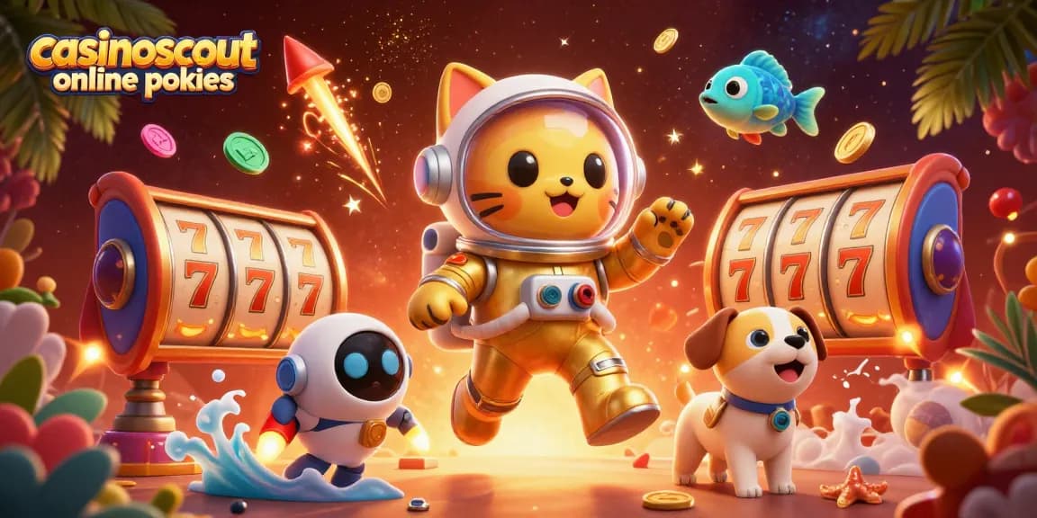 Engage with casinoscout online pokies through this vibrant 3D illustration of a space cat and robot dog in a casino universe.