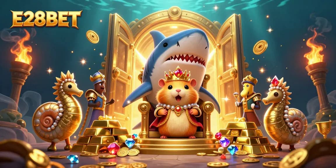 E28BET players engaging in thrilling casino action among treasure elements in a vibrant underwater scene.
