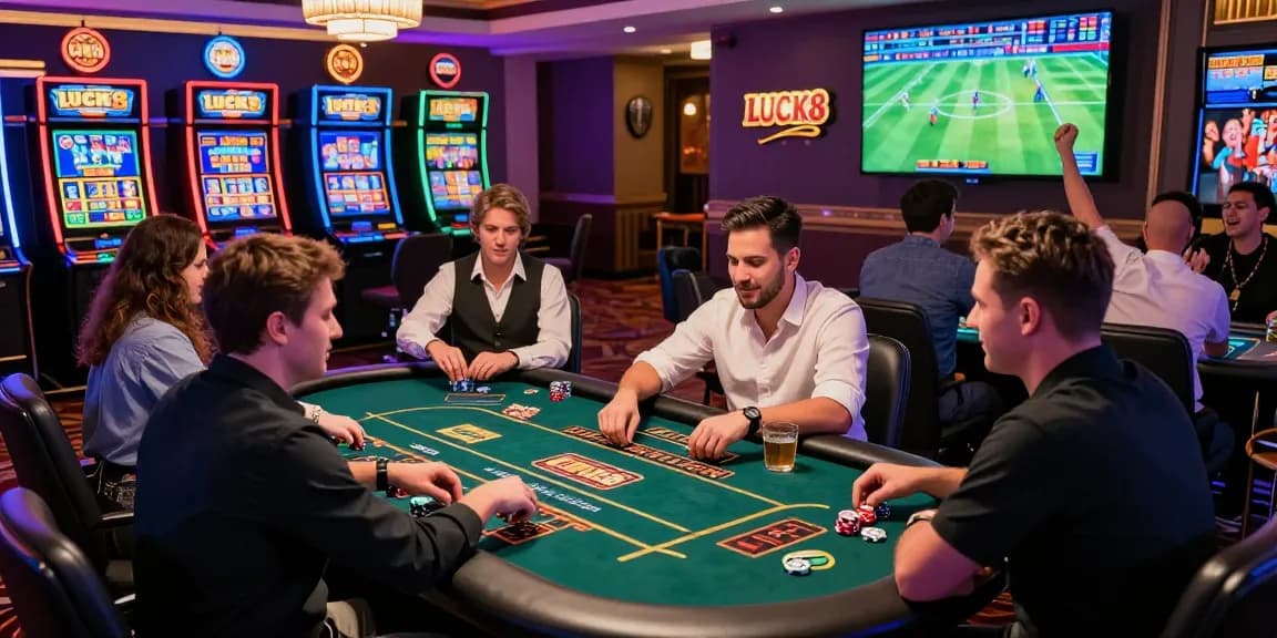 LUCK8 dynamic casino environment featuring players engaging in live betting and vibrant slot machines.
