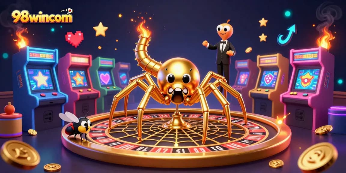 Bettors place wagers in a vibrant 98wincom-themed casino scene with a golden spider and lively croupier.